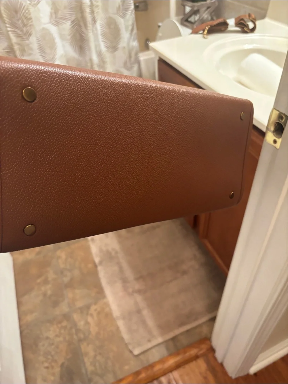 Kurt Geiger Navy Denim-Style Satchel with Tan Trim and Gold Studs